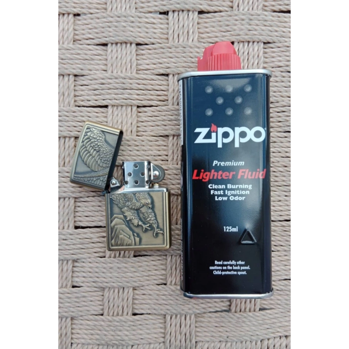 Ozel Tasarim Sari renkli Savasci Kartal Desenli kabartmali premium zippo Cakmak
