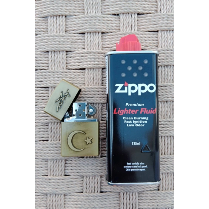 Ozel Tasarim Sari renkli Turkiye Yazili Ayyildiz kabartmali premium zippo Cakmak