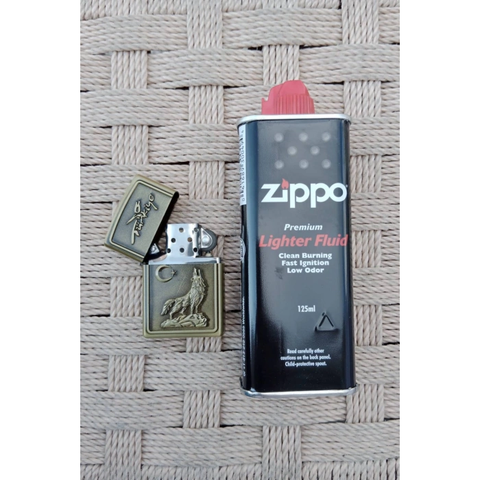 Ozel Tasarim Sari renkli Turkiye Yazili Ayyildiz ve Kurt kabartmali premium zippo Cakmak