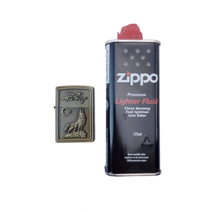 Ozel Tasarim Sari renkli Turkiye Yazili Ayyildiz ve Kurt kabartmali premium zippo Cakmak