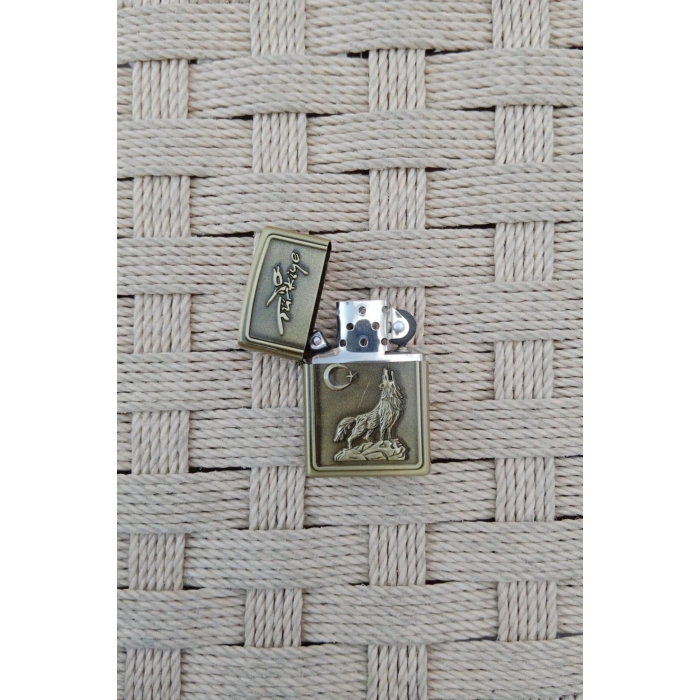 Ozel Tasarim Sari renkli Turkiye Yazili Ayyildiz ve Kurt kabartmali premium zippo Cakmak
