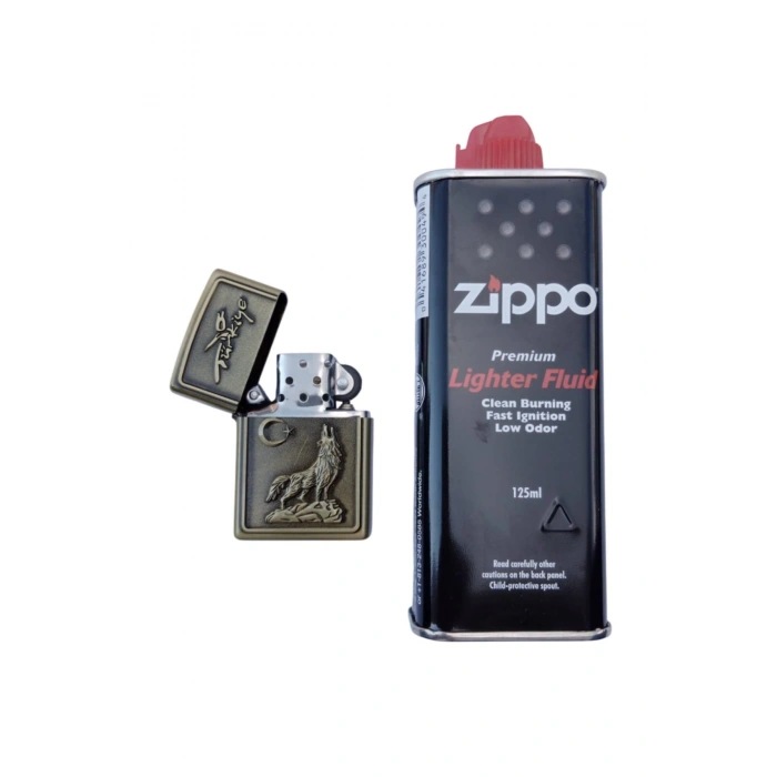 Ozel Tasarim Sari renkli Turkiye Yazili Ayyildiz ve Kurt kabartmali premium zippo Cakmak