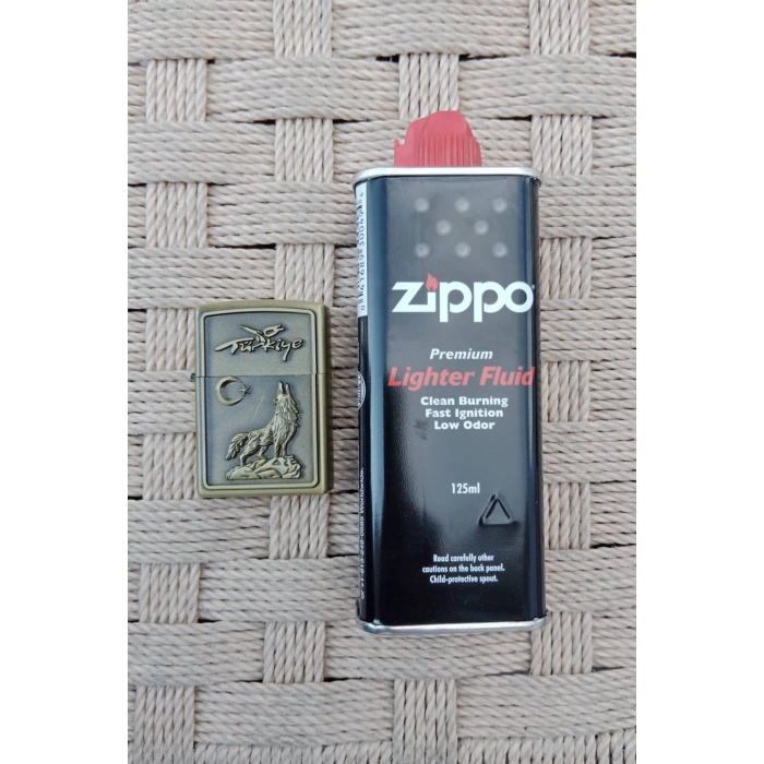 Ozel Tasarim Sari renkli Turkiye Yazili Ayyildiz ve Kurt kabartmali premium zippo Cakmak