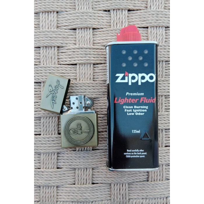 Ozel Tasarim Sari renkli Turkiye Yazili Osmanli Tugrali kabartmali premium zippo Cakmak