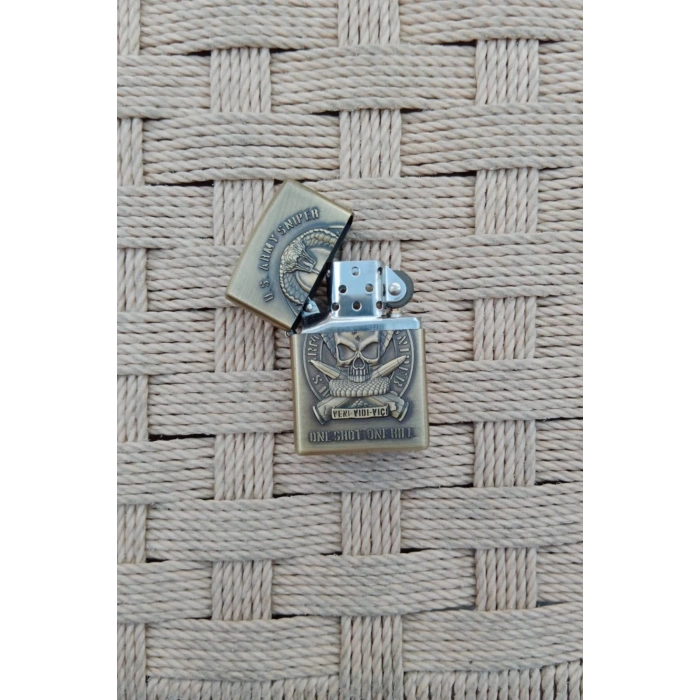 Ozel Tasarim Sari renkli U.S.Army Sniper One Shot One Kill Yazili kabartmali premium zippo Cakmak
