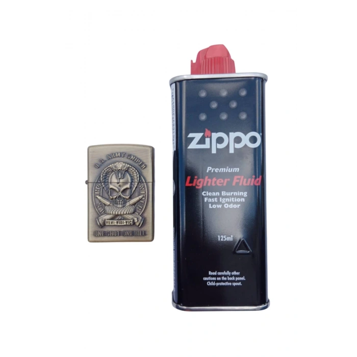 Ozel Tasarim Sari renkli U.S.Army Sniper One Shot One Kill Yazili kabartmali premium zippo Cakmak
