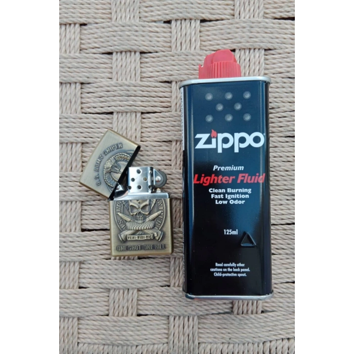 Ozel Tasarim Sari renkli U.S.Army Sniper One Shot One Kill Yazili kabartmali premium zippo Cakmak