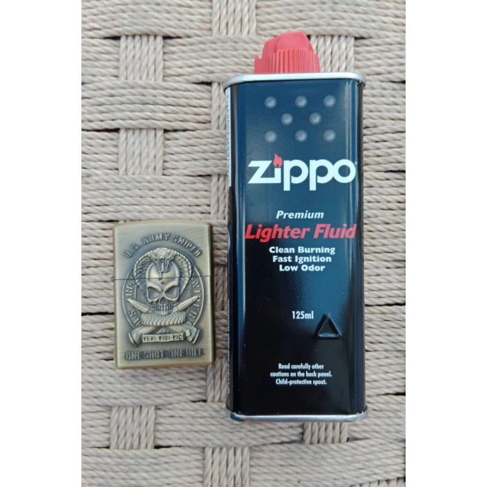 Ozel Tasarim Sari renkli U.S.Army Sniper One Shot One Kill Yazili kabartmali premium zippo Cakmak