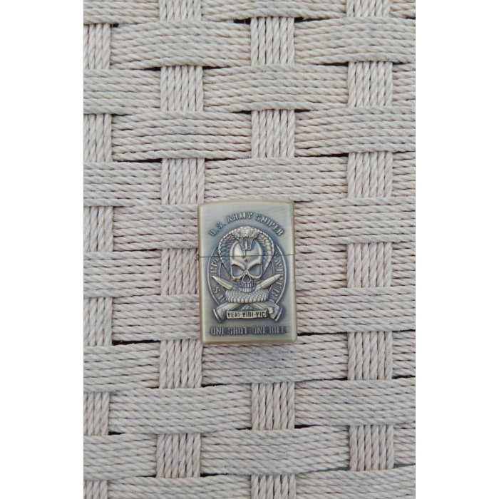 Ozel Tasarim Sari renkli U.S.Army Sniper One Shot One Kill Yazili kabartmali premium zippo Cakmak