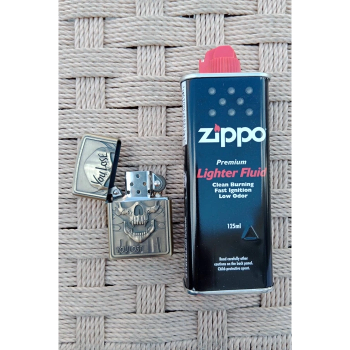 Ozel Tasarim Sari renkli You Lose You Lost Yazili Kuru Kafa kabartmali premium zippo Cakmak