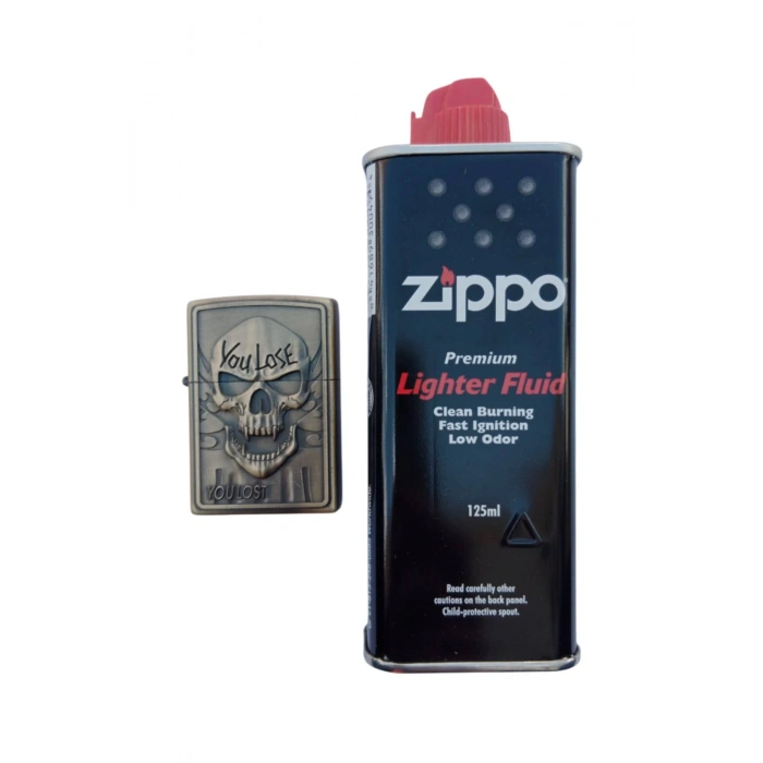 Ozel Tasarim Sari renkli You Lose You Lost Yazili Kuru Kafa kabartmali premium zippo Cakmak