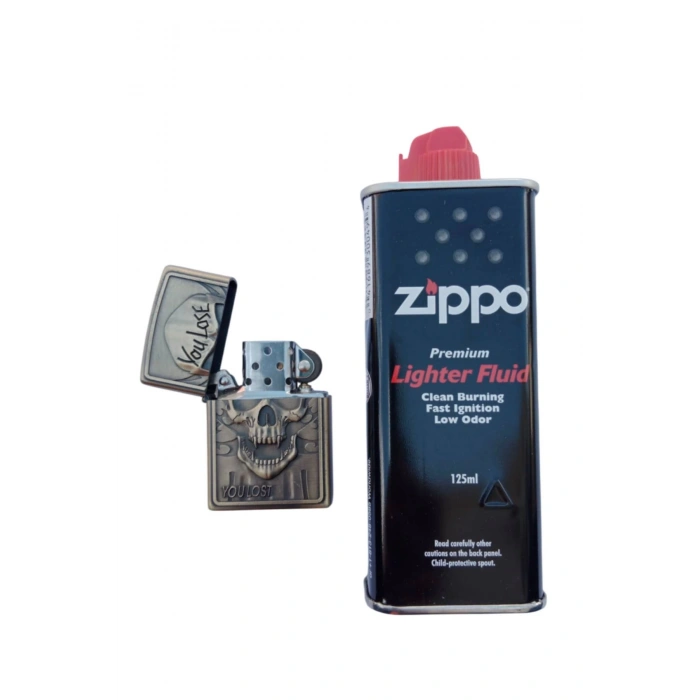 Ozel Tasarim Sari renkli You Lose You Lost Yazili Kuru Kafa kabartmali premium zippo Cakmak
