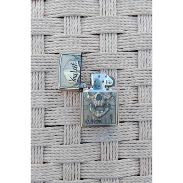 Ozel Tasarim Sari renkli You Lose You Lost Yazili Kuru Kafa kabartmali premium zippo Cakmak