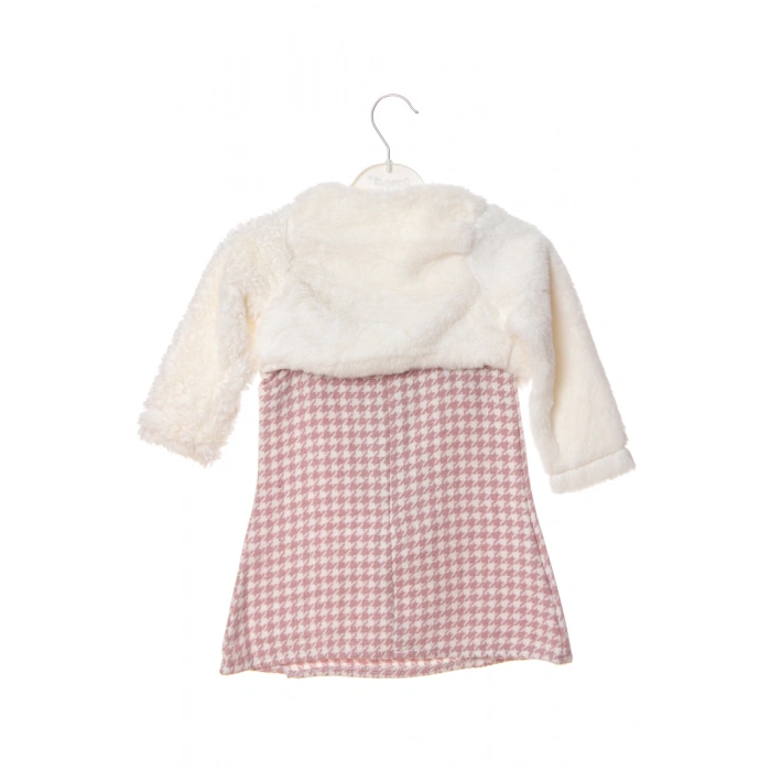 pembe beyaz renkli bolerolu yunlu fiyonklu minik ayicik cep detayli kaliteli uzun kollu yunlu elbise