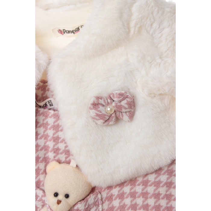 pembe beyaz renkli bolerolu yunlu fiyonklu minik ayicik cep detayli kaliteli uzun kollu yunlu elbise