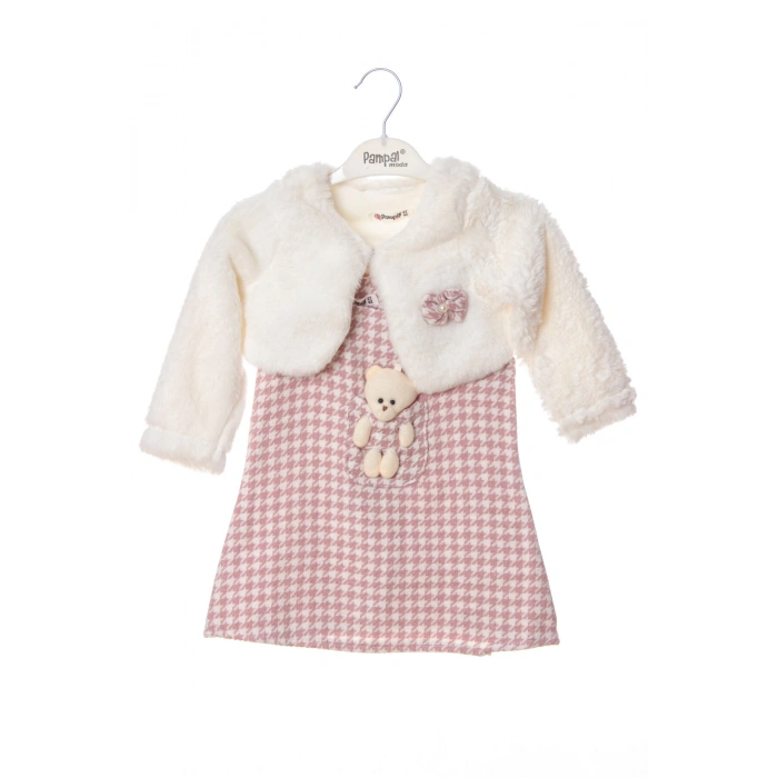 pembe beyaz renkli bolerolu yunlu fiyonklu minik ayicik cep detayli kaliteli uzun kollu yunlu elbise