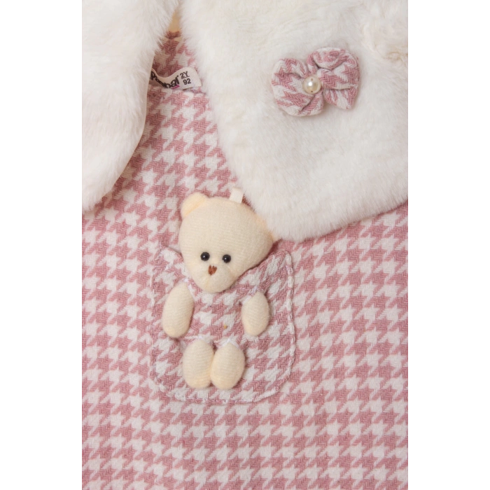 pembe beyaz renkli bolerolu yunlu fiyonklu minik ayicik cep detayli kaliteli uzun kollu yunlu elbise