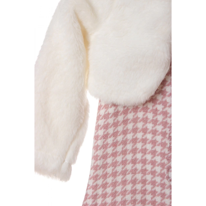 pembe beyaz renkli bolerolu yunlu fiyonklu minik ayicik cep detayli kaliteli uzun kollu yunlu elbise