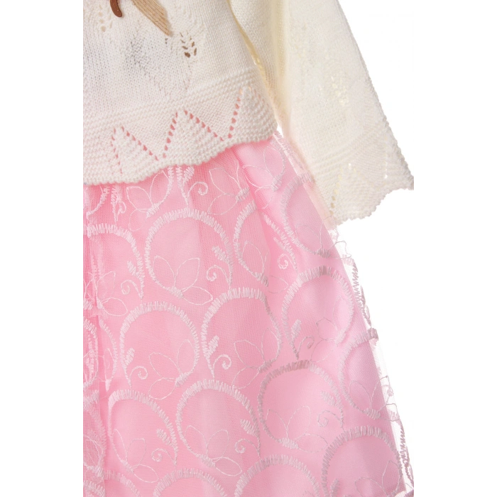 pembe beyaz renkli hasir kemerli cicek broslu bolerolu tullu astarli pamuklu kaliteli uzun kollu kiz cocuk elbise