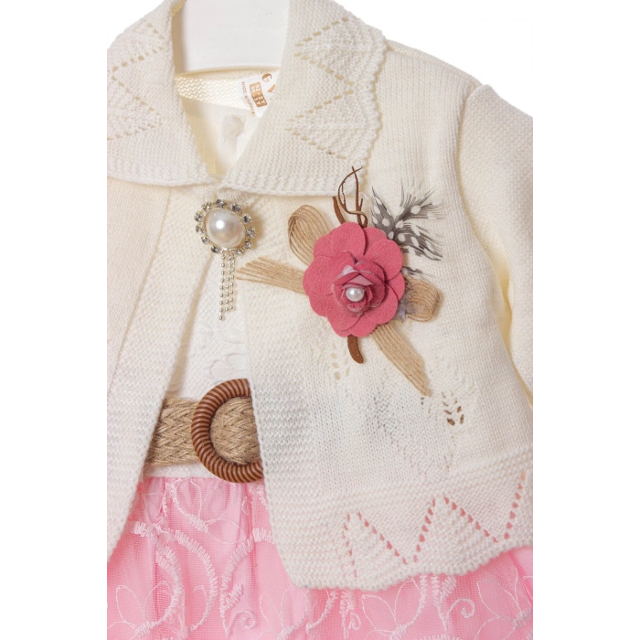 pembe beyaz renkli hasir kemerli cicek broslu bolerolu tullu astarli pamuklu kaliteli uzun kollu kiz cocuk elbise