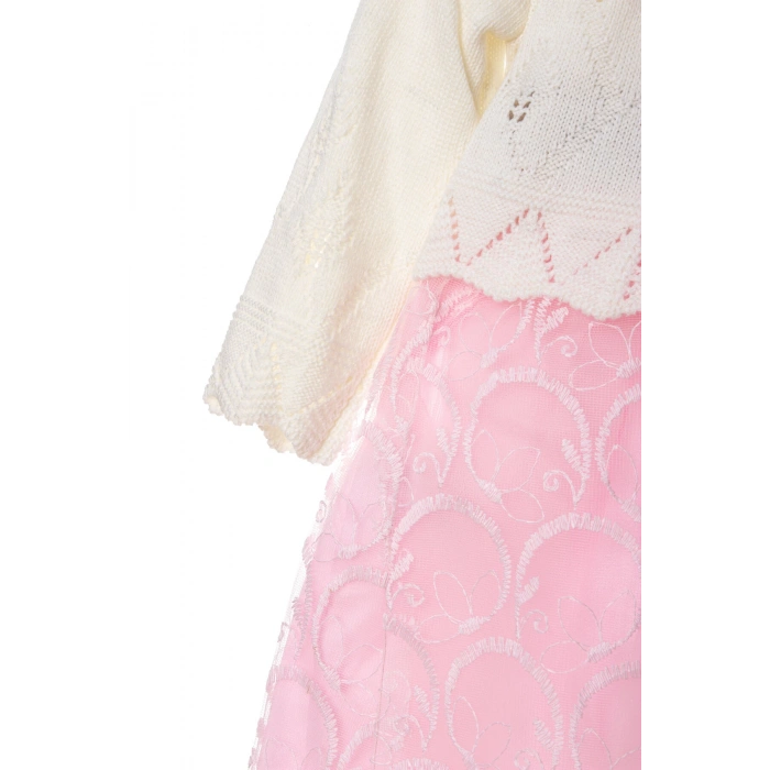 pembe beyaz renkli hasir kemerli cicek broslu bolerolu tullu astarli pamuklu kaliteli uzun kollu kiz cocuk elbise