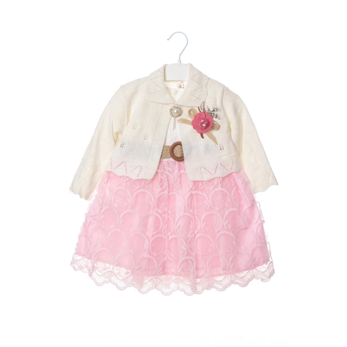 pembe beyaz renkli hasir kemerli cicek broslu bolerolu tullu astarli pamuklu kaliteli uzun kollu kiz cocuk elbise