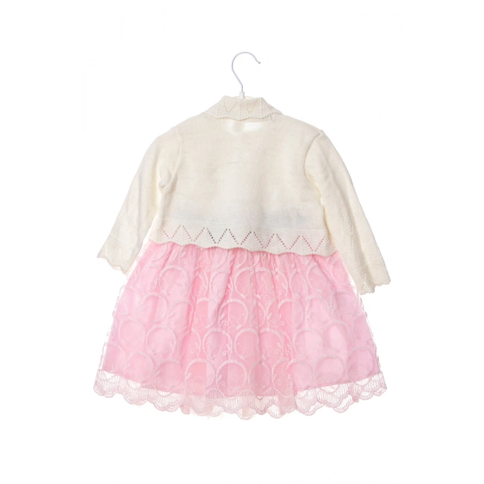 pembe beyaz renkli hasir kemerli cicek broslu bolerolu tullu astarli pamuklu kaliteli uzun kollu kiz cocuk elbise