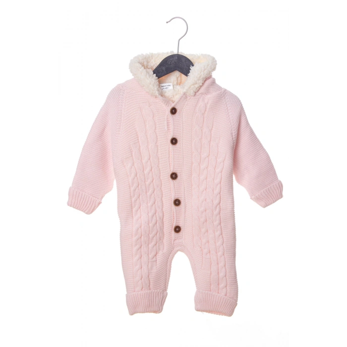 pembe renkli bebe wersoft dugmeli triko uzun kollu kaliteli kapusonlu bebek tulum