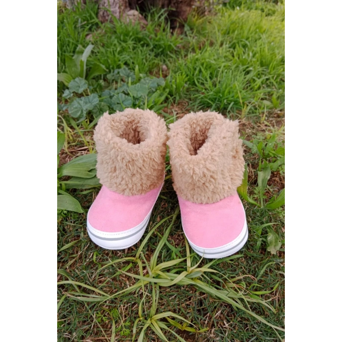 pembe renkli ici pamuklu cirtli bantli kapamali organik unisex cocuk bebek ilkadim patik panduf