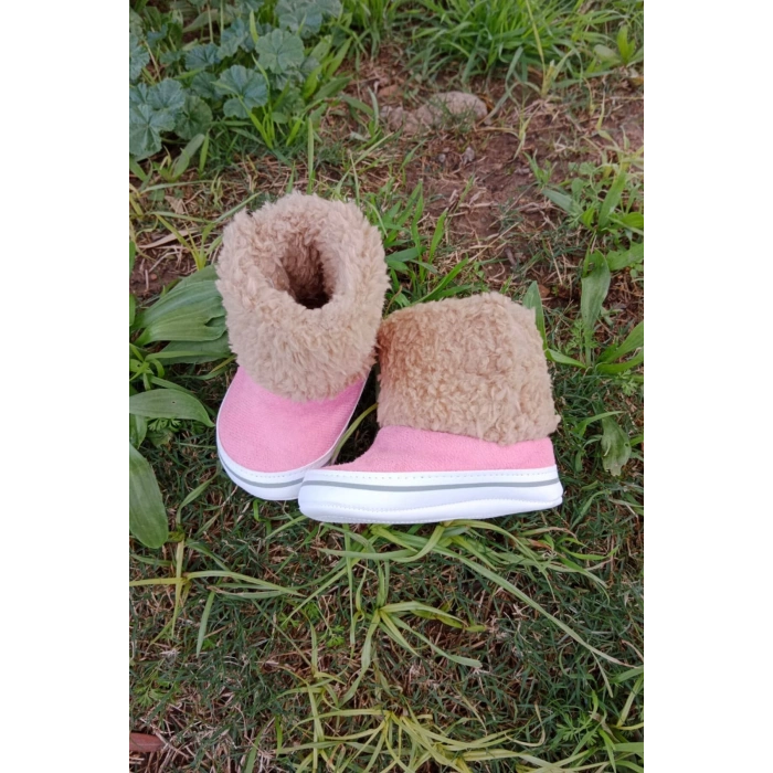 pembe renkli ici pamuklu cirtli bantli kapamali organik unisex cocuk bebek ilkadim patik panduf