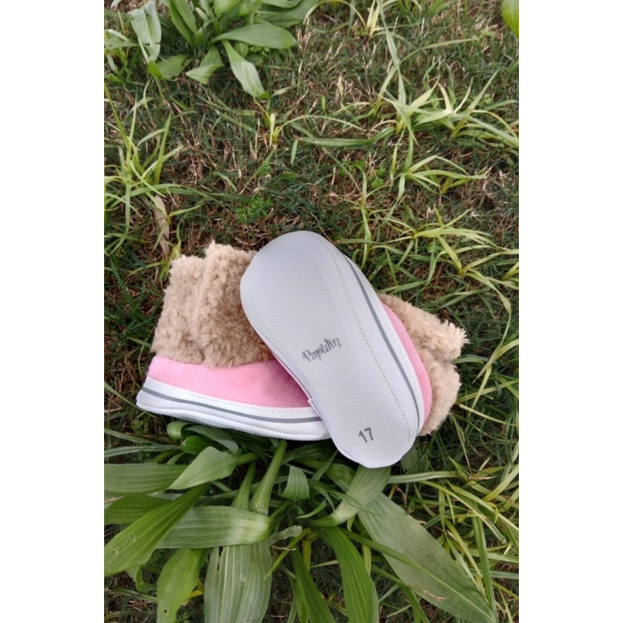 pembe renkli ici pamuklu cirtli bantli kapamali organik unisex cocuk bebek ilkadim patik panduf