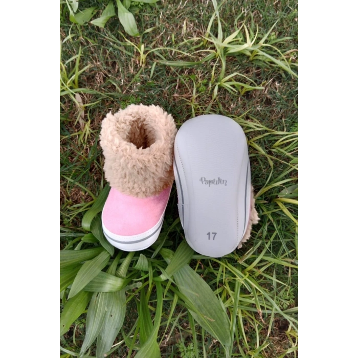 pembe renkli ici pamuklu cirtli bantli kapamali organik unisex cocuk bebek ilkadim patik panduf