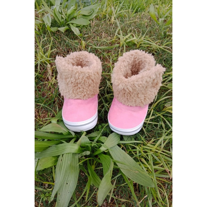 pembe renkli ici pamuklu cirtli bantli kapamali organik unisex cocuk bebek ilkadim patik panduf