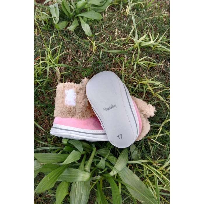 pembe renkli ici pamuklu cirtli bantli kapamali organik unisex cocuk bebek ilkadim patik panduf