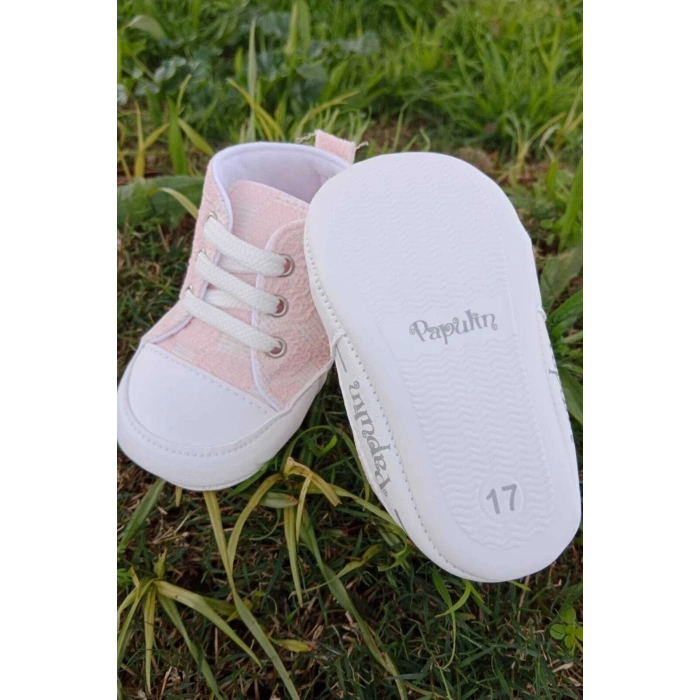 pembe renkli ici pamuklu organik cocuk bebek ilkadim bagcikli patik sneaker casual ayakkabi