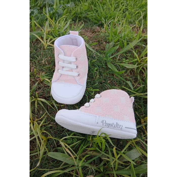 pembe renkli ici pamuklu organik cocuk bebek ilkadim bagcikli patik sneaker casual ayakkabi