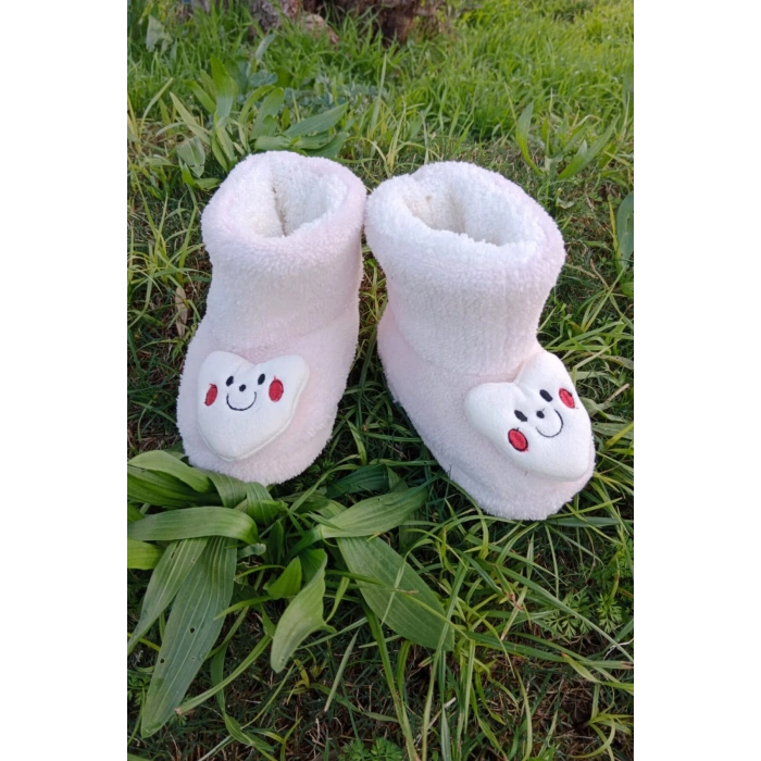 pembe renkli kalpli gulen yuz model ici pelus pamuklu organik hafif taban ortopedik cocuk patik panduf