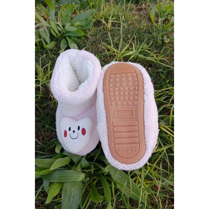 pembe renkli kalpli gulen yuz model ici pelus pamuklu organik hafif taban ortopedik cocuk patik panduf