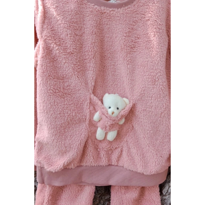 pembe renkli minnak ayicikli cep detayli kaliteli uzun kollu alt ust takim