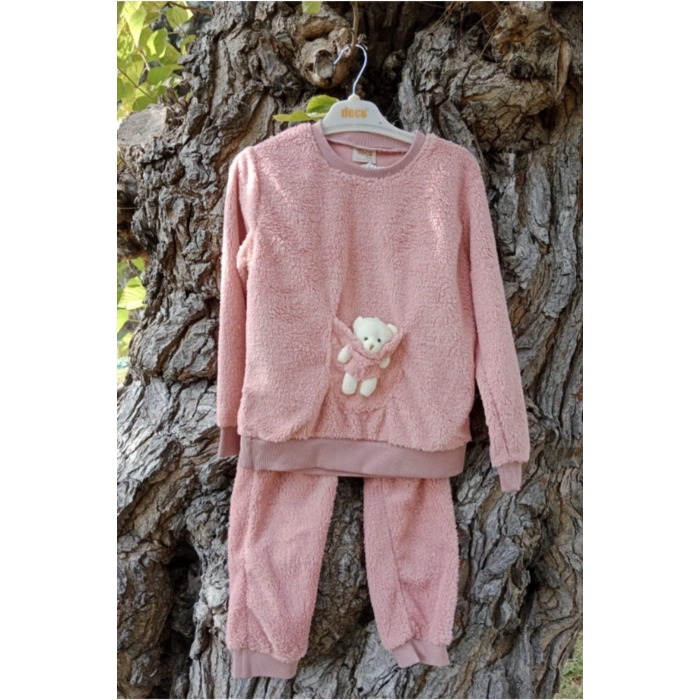 pembe renkli minnak ayicikli cep detayli kaliteli uzun kollu alt ust takim