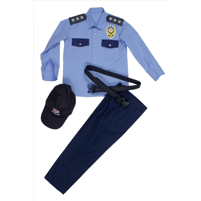 polis genel hizmet yeni model uzun kollu mavi renkli gomlek siyah sapkali siyah palaskali polis cocuk kostum takimi