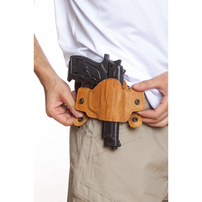 Sag El Hardal Renkli Hakiki Deri cit citli Universal Palaskaya Kemere Gecirmeli Yarim Kelebek Silah Kilifi