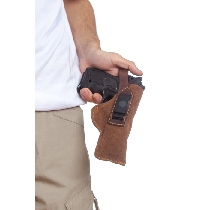 sag el kahverengi renkli suet ic dis masali tek emniyetli ic dis tasima palaskaya kemere gecirmeli silah kilifi