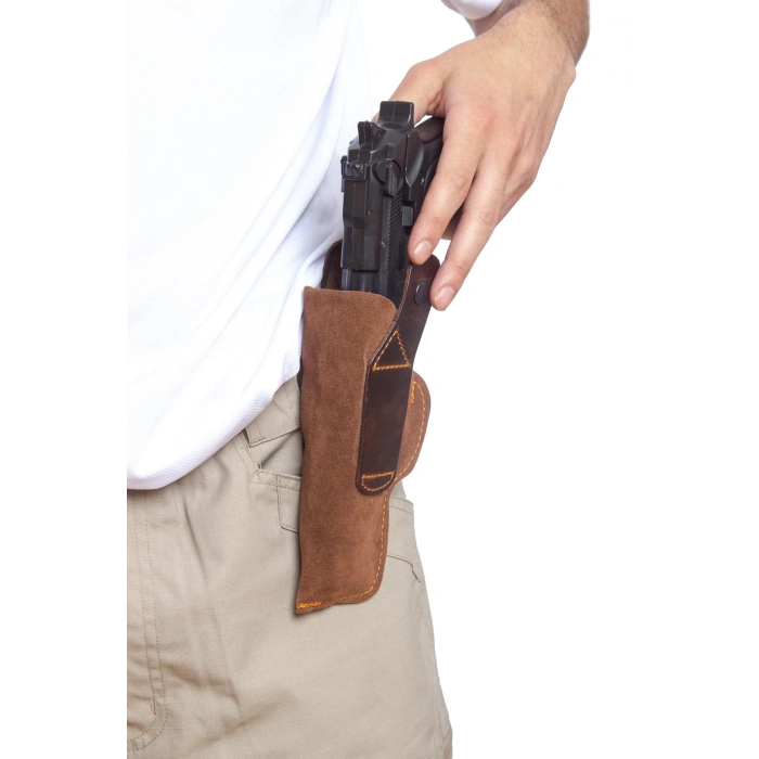 sag el kahverengi renkli suet ic dis masali tek emniyetli ic dis tasima palaskaya kemere gecirmeli silah kilifi