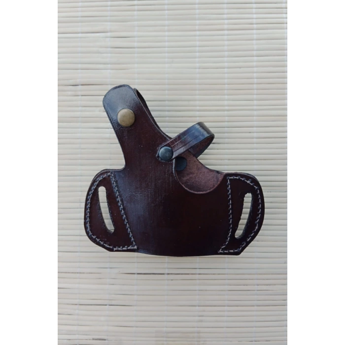 sag el kahverengi renkli tek emniyetli universal kemere gecirmeli yarim kelebek hakiki deri silah kilifi