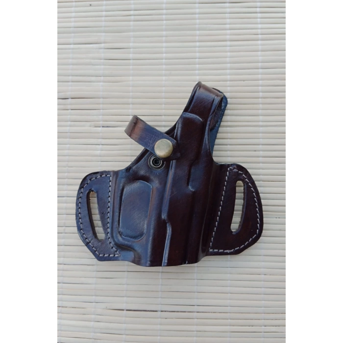 sag el kahverengi renkli tek emniyetli universal kemere gecirmeli yarim kelebek hakiki deri silah kilifi