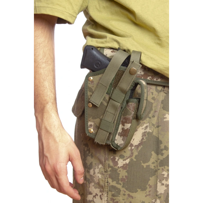 Sag El Kara Kuvvetleri Yeni Kamuflaj Renkli cift Emniyetli sarjorluklu Palaskaya Kemere Gecirmeli Sallama Silah Kilifi