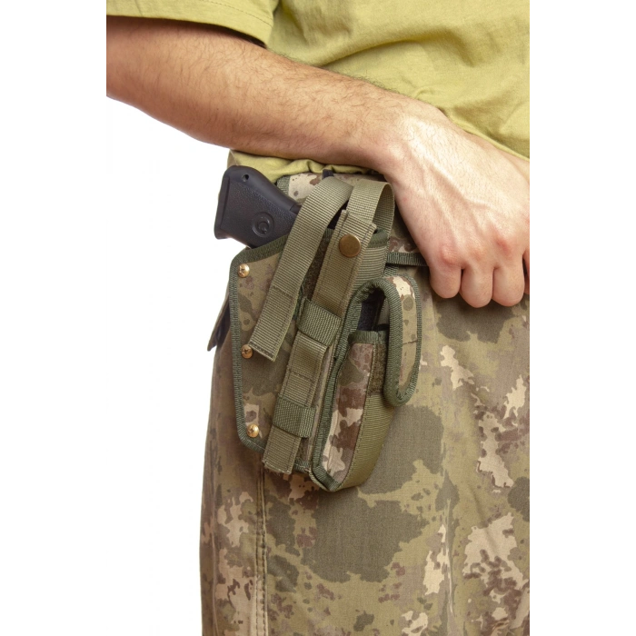 Sag El Kara Kuvvetleri Yeni Kamuflaj Renkli cift Emniyetli sarjorluklu Palaskaya Kemere Gecirmeli Sallama Silah Kilifi