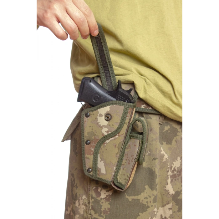 Sag El Kara Kuvvetleri Yeni Kamuflaj Renkli Tek Emniyetli Sarjorluklu Palaskaya Kemere Gecirmeli Sallama Silah Kilifi