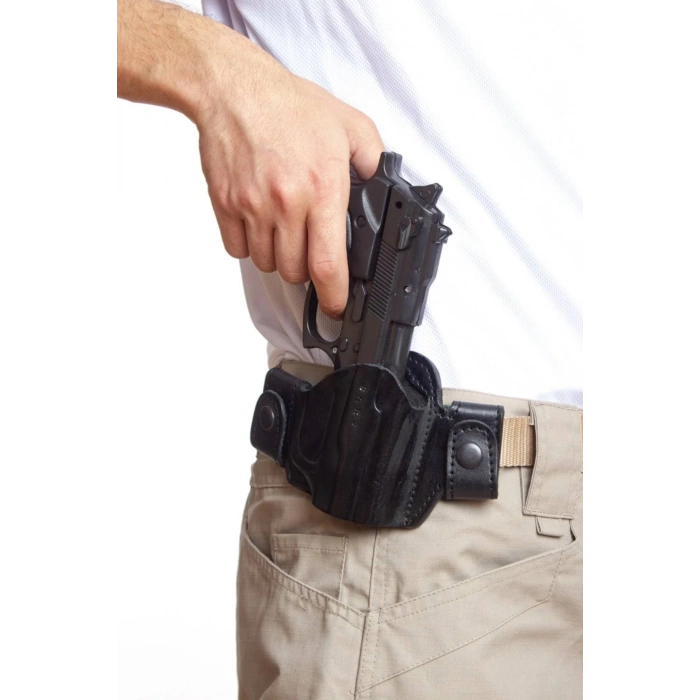 Sag El Siyah Renk Hakiki Deri cit citli Universal Palaskaya Kemere Gecirmeli Yarim Kelebek Silah Kilifi